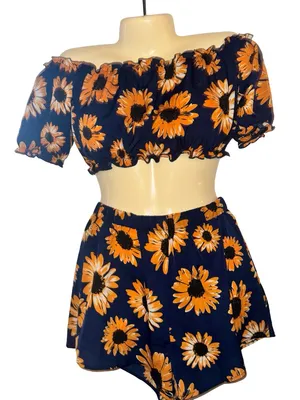 SHEIN Navy Floral Sunflower Print Two-Piece Set thumbnail 1