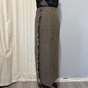 Vintage Luxury Lana Lee‎ Plaid Wool Blend Midi Skirt Sz XS Fringed Hem High Rise thumbnail 7