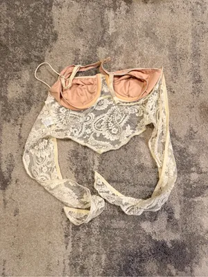 Sheer Lace Bralette Crop Top with Dusty Pink Cups thumbnail 2