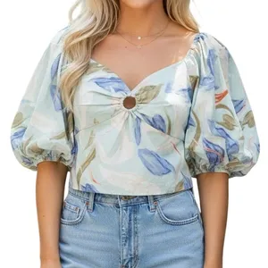 Abercrombie & Fitch Blue White Green Floral Smocked Puff Sleeve Crop Top size L thumbnail 1
