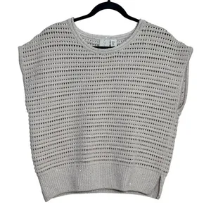 Joie Women's L Beige Knit Open‎ Weave Metallic Sparkle Short Sleeve Sweater Top thumbnail 1