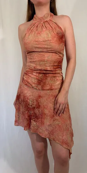 High Neck Y2k Asymmetrical Skirt Orange and Red Sparkly Party Dress thumbnail 1