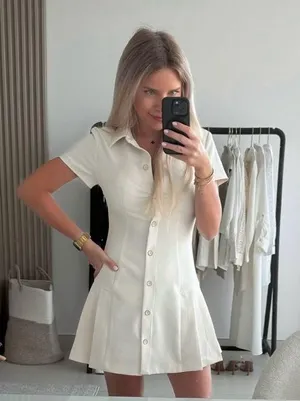 Zara mini dress pleated skirt collar button up ivory casual classic old money thumbnail 11