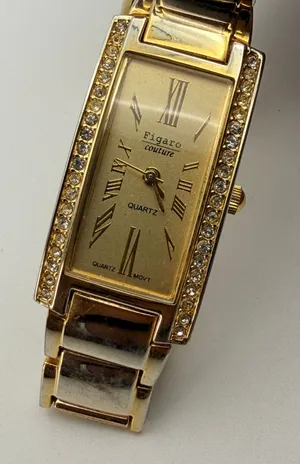 Elegant Figaro Couture Gold-Tone Rectangular Quartz Watch Working New Battery thumbnail 1