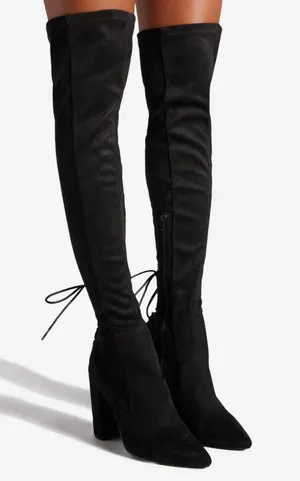 Ivona Stretch Over The Knee Boots Black Faux Suede Tie Detail 4” Heel thumbnail 4