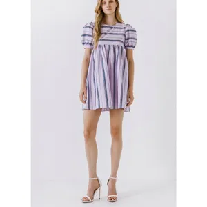 English Factory Puff Sleeve Striped Mini Dress size M Lilac Relaxed Babydoll New thumbnail 10