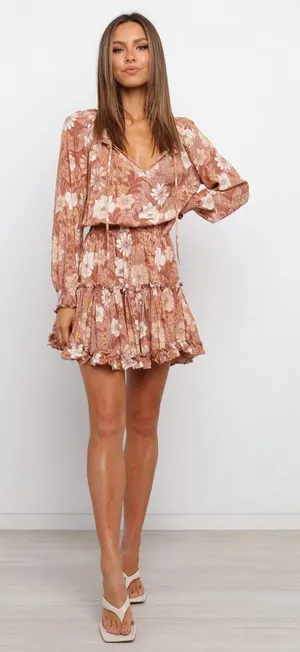 Petal & Pup Kealan Mini Dress Womens Size 0 Brown Floral Smocked Long Sleeve NWT thumbnail 1