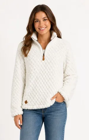 Simply Southern White Plush Sherpa Quarter Zip Pullover Women’s Medium thumbnail 1