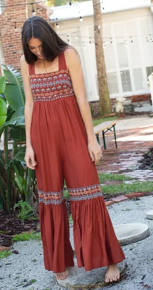 Natural Life Rust Boho Embroidered Wide Leg Jumpsuit Ruffle Hem Size Medium thumbnail 1