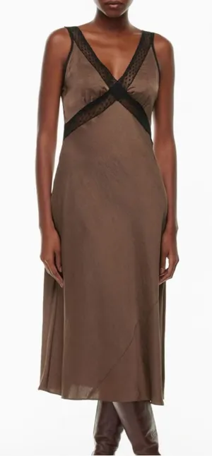 House Of Harlow 1960 Brown Satin Maxi Dress With Black Lace Trim size Large $198 thumbnail 1