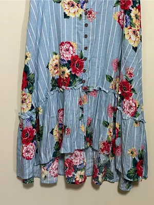Anthropologie Maeve Blue Striped High-Low Floral Button Skirt thumbnail 2