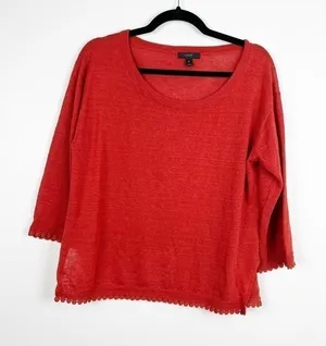 J Crew Linen Sweater With‎ Pom Pom Trim Red Sz XS thumbnail 1