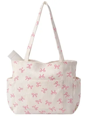 Cream Tote Bag with Pink Bow Print for Women W thumbnail 5