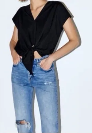 Zara Black Front‎ Tie Knot V Neck Blouse thumbnail 1