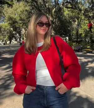 Peppermayo Red Ribbed Button-Up Cropped Cardigan thumbnail 1
