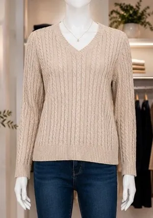 Croft & Barrow Womens Sweater Tan Beige Cable Knit V-Neck Cotton Medium thumbnail 1