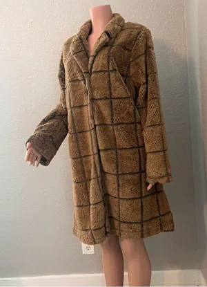 Fair Haven Plush Faux Fur Winter Sweater Coat Size Large Checkered plaid brown thumbnail 4