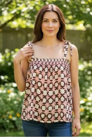LOFT Geometric Print Linen blend Smocked Swing Tank Top Pink White Brown Size L thumbnail 1