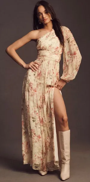 Anthropologie BHLDN Iris Floral One Shoulder Cutout Maxi Dress Cream Pink XL NWT thumbnail 1