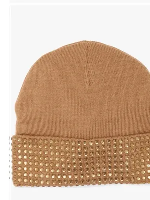 NWT Kurt Geiger London Logo Patch Crystal Cuff Beanie One Size, CAMEL thumbnail 6
