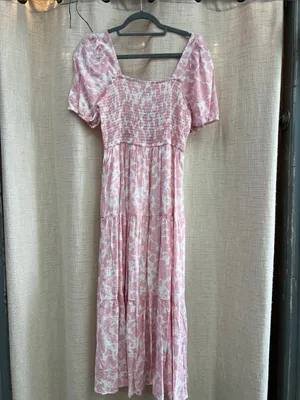 Soft Pink Floral Smocked Midi Dress Puff Sleeves Last One Size Medium thumbnail 5