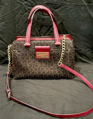 Calvin Klein Monogram Satchel in Brown and Red with gold accents thumbnail 1
