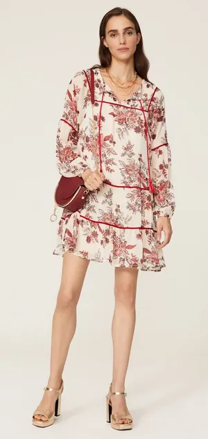 GREAT JONES Boho Floral Print Tiered Mini Dress Tassels Velvet Trim SIZE‎ L thumbnail 1