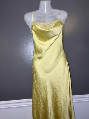 Cider Dress Womens Medium Yellow Satin Lace Cowl Neck Backless Slip Maxi thumbnail 4