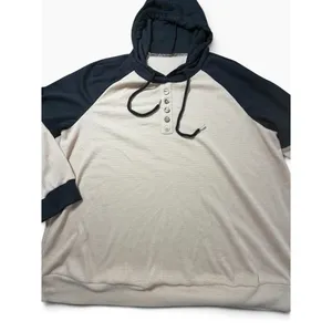 Womens Waffle Knit Colorblock Henley Hoodie Navy Cream Raglan Thermal Top XL thumbnail 2