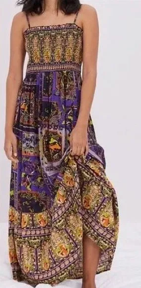 Anthropologie Bohemian Purple Printed Smocked Maxi Dress thumbnail 1