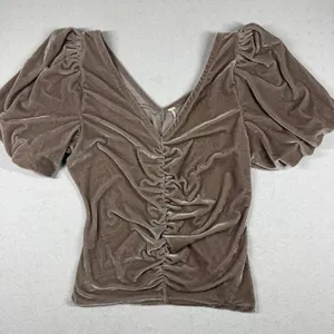 Free People Cupcake Velvet Top Women’s XL Taupe Brown Ruched Puff Sleeve thumbnail 1
