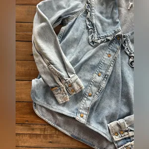 Ganni Peter Pan Collared Ruffle Denim Shirt Indigo Blue 34/XS thumbnail 6