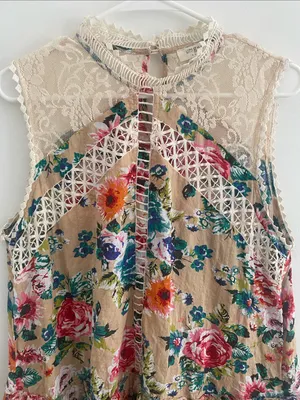 Umgee Dress Size L Tan Rose Floral Fairy Lace Sleeveless Cottage Mumu thumbnail 5