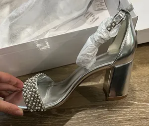 Elegant Silver Block Heel Sandals with pearl accents - 3 in heel thumbnail 1