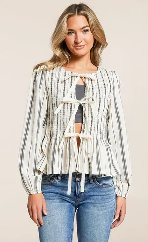 Buckle Blu‎ Pepper Striped Smocked Tie Front Peplum Top size medium gray cream thumbnail 1