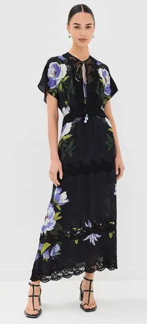 Farm Rio Soft Garden Black Laces Short Sleeve Maxi Dress thumbnail 1