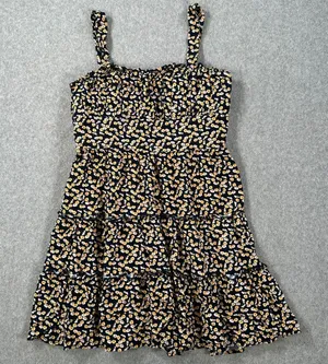 Row A Floral Mini Dress Size Small Navy Blue/Yellow Ruffle Tiered Sundress thumbnail 1