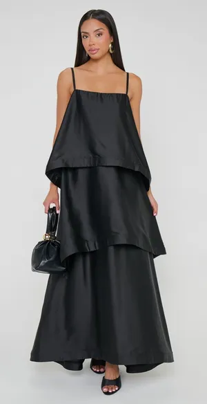 Show Me Your Mumu Ella Maxi Dress size Small S Black Tiered silky satin nwot thumbnail 1
