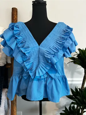 entro Sky Blue Pleated Ruffle V-Neck Blouse thumbnail 1