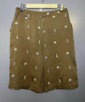 Vintage Bobby Chan Bermuda Shorts Womens 10 Brown Silk Palm Hawaiian Embroidered thumbnail 1