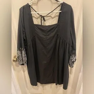 Mi Ami Women Black Embroidered Boho Babydoll Dress Square Neck Cotton‎ Large thumbnail 5
