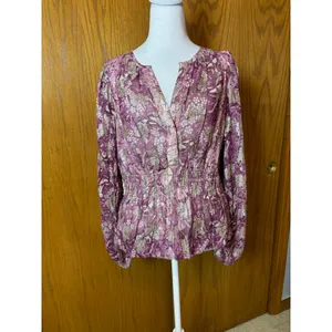 Anthropologie Somerset Floral Metallic Smocked Peplum Chiffon Blouse Size M NEW thumbnail 2