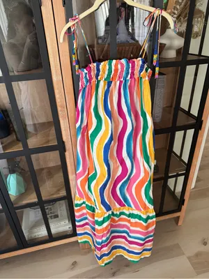 FARM RIO Maxi Dress rainbow colorful Wavy Dancing Stripes Beaded Tassel thumbnail 2