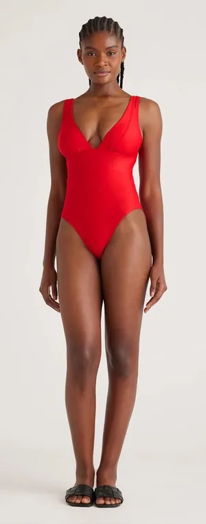 NWT Quince Italian plunge one piece swimsuit cherry medium thumbnail 1