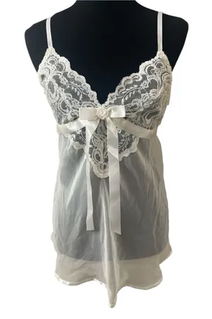 Feminine Coquette Sheer Lace-Trim Babydoll Chemise with Satin Bow - Ivory thumbnail 1