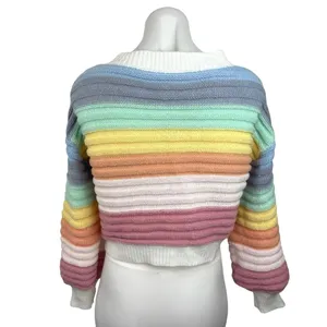 Womens Rainbow Striped Color Block Button Long Sleeve Cardigan Sweater Top Sz M thumbnail 2