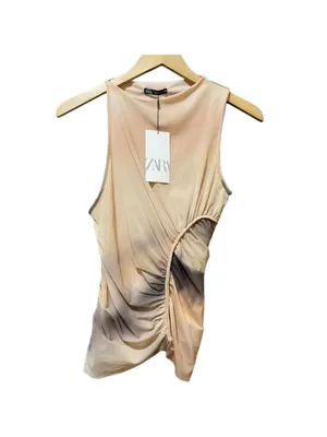 ZARA Women Sleeveless Asymmetrical Ruched Mesh Top Size S Peach/Black Dyed M thumbnail 3