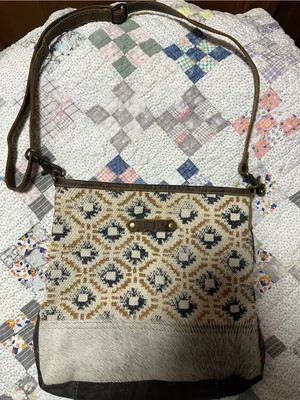 Myra Bag Beige, Brown and Black Patterned Crossbody with Haircalf Trim thumbnail 1