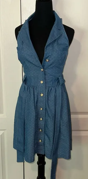 MONTEAU LA HALTER CHAMBRAY POLKA DOT BUTTON FRONT DRESS thumbnail 1