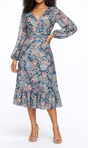 Dress the Population - | Metallic Floral Long Sleeve Midi Dress thumbnail 1